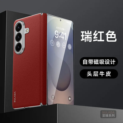 First Layer Cowhide Leather Phone Case for Samsung Galaxy Z Fold 7 Fold7 Metal Lens Protection Magnetic Attraction Hard Cover