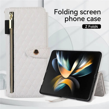 Luxury Lanyard Leather Flip Stand Phone Case for Samsung Galaxy Z Fold 7 6 5 4 3 Fold6 Fold5 Fold3 Fold4 Zip Wallet Card Cover