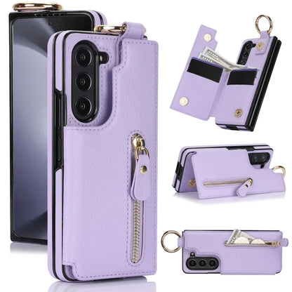 Ring Leather Zipper Wallet Card Slot Phone Case for Samsung Galaxy Z Fold 7 6 5 4 3 Shock Proof Flip Purse Holder Cover Hoesje