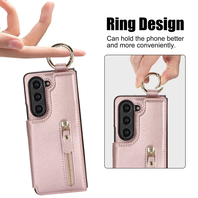 Ring Leather Zipper Wallet Card Slot Phone Case for Samsung Galaxy Z Fold 7 6 5 4 3 Shock Proof Flip Purse Holder Cover Hoesje