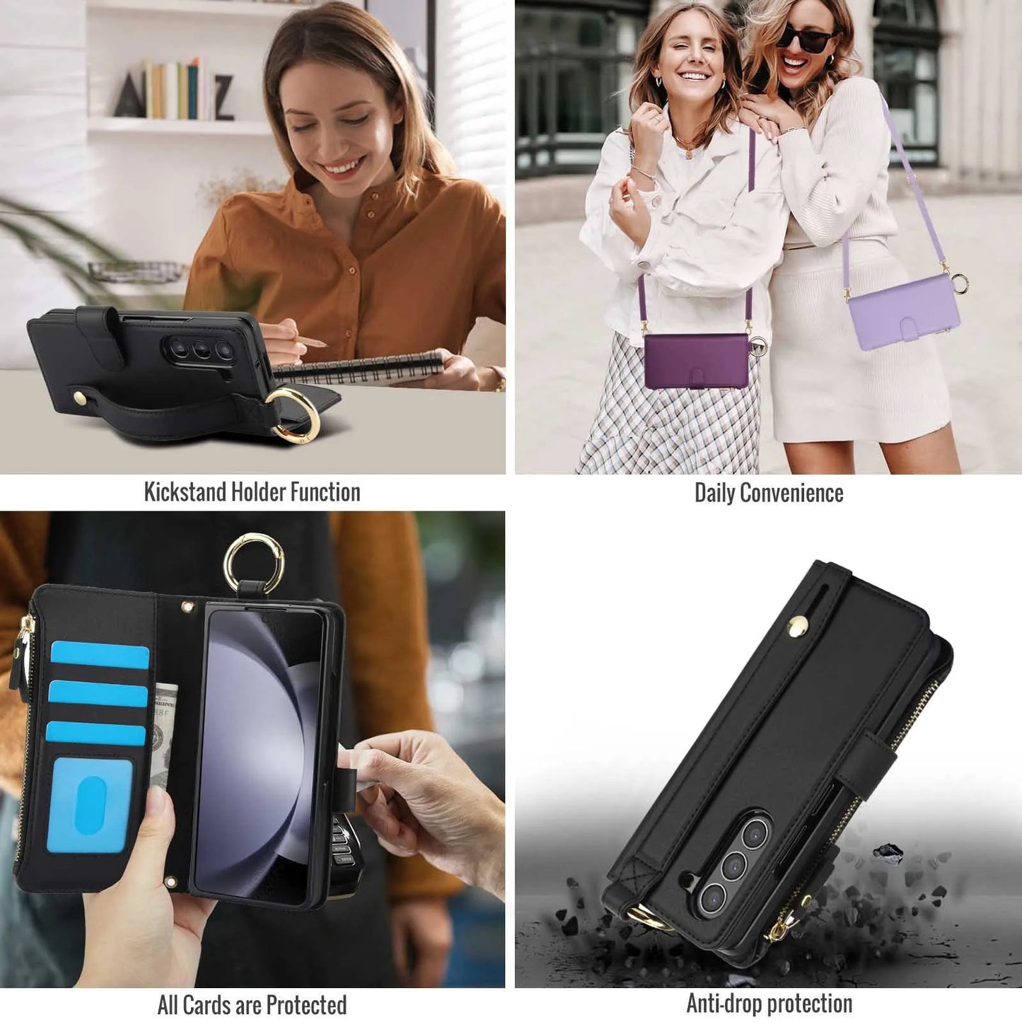 ZFold 7 Pu Leather Crossbody Phone Case for Samsung Galaxy Z Fold 7 6 5 4 3 Ring&Wrist Strap&Long Rope&Zipper Card Wallet Cover