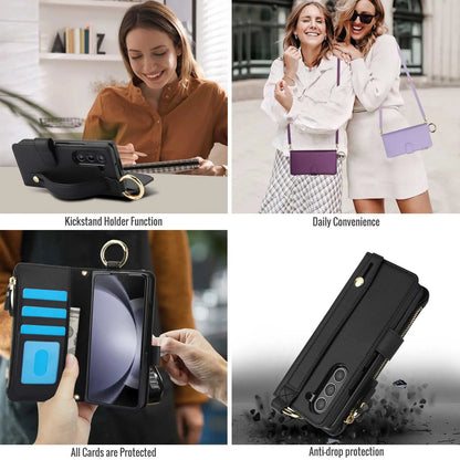 ZFold 7 Pu Leather Crossbody Phone Case for Samsung Galaxy Z Fold 7 6 5 4 3 Ring&Wrist Strap&Long Rope&Zipper Card Wallet Cover