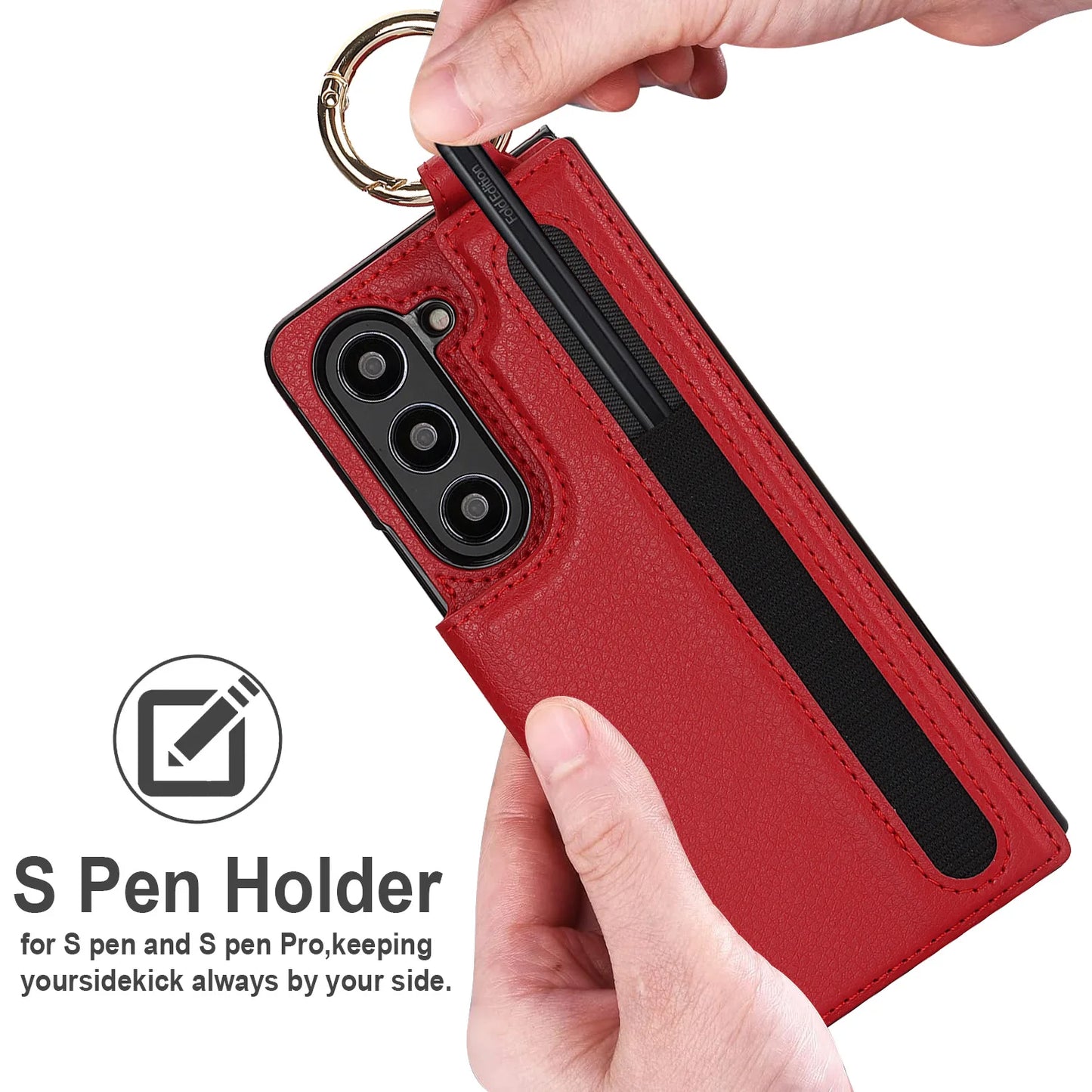 Fold7 Ring&Pen Slot Pu Leather Phone Case for Samsung Galaxy Z Fold 7 6 5 4 3 Metal Double Buckle Flip Card Holder Wallet Cover