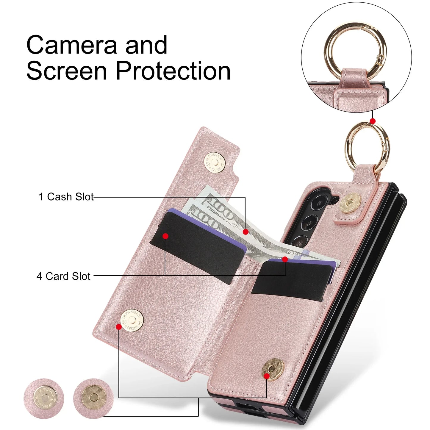 Fold7 Ring&Pen Slot Pu Leather Phone Case for Samsung Galaxy Z Fold 7 6 5 4 3 Metal Double Buckle Flip Card Holder Wallet Cover