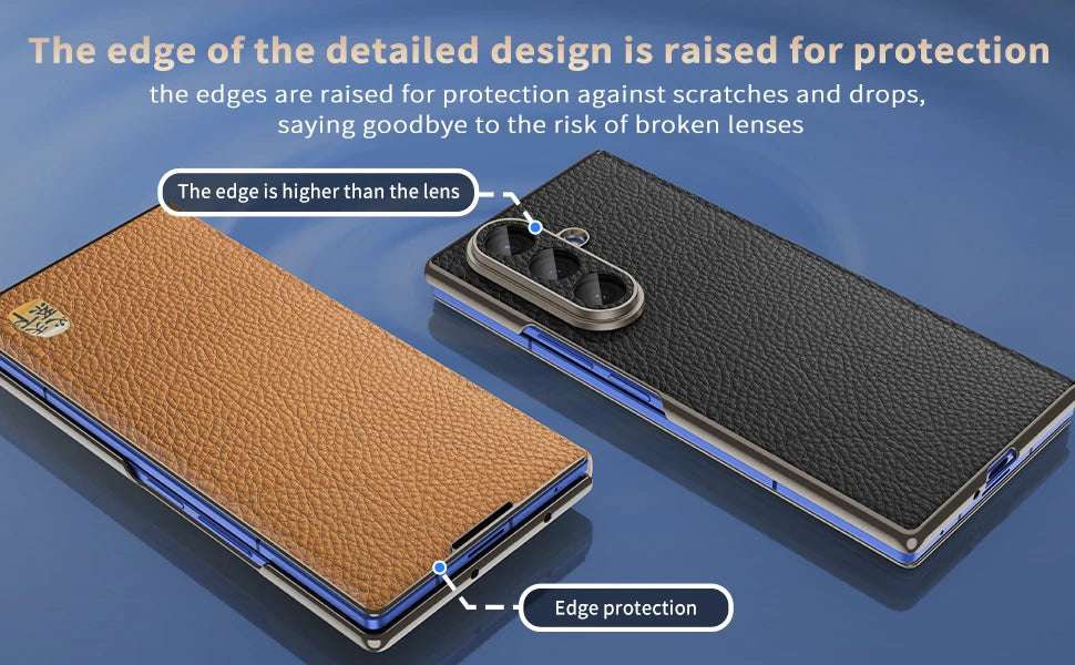 Genuine Cowhide Leather Phone Case for Samsung Galaxy Z Fold 7 Fold6 5 W24 W25 Fine Hole Lens Bumper Magnetic Suction Edge Cover