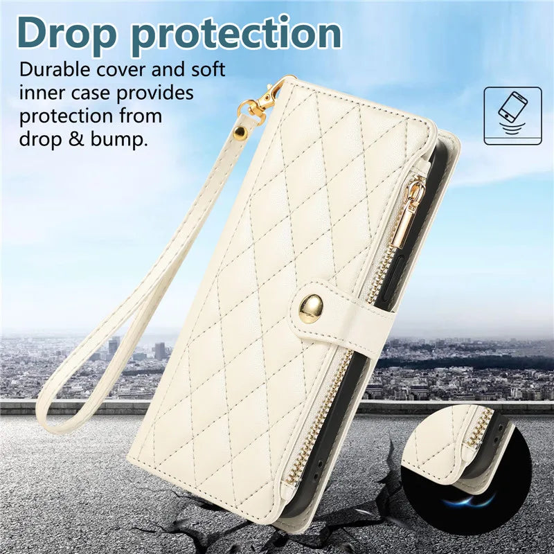 Crossbody Lanyard Leather Zip Wallet Card Slot Phone Case for Samsung Galaxy Z Fold 7 6 5 4 3 Wrist Strap Flip Stand Cover Etui