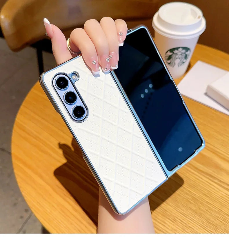 Phone Case for Samsung Galaxy Z Fold 7 6 5 4 Z Electroplated Diamond Grid Pattern PU Leather Luxury Hard Cover