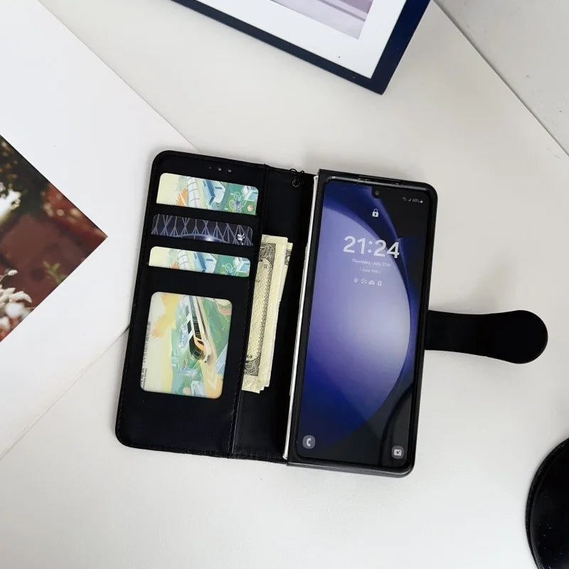 Luxury Leather Flip Purse Holder Phone Case For Samsung Galaxy Z Fold 7 6 5 4 3 Fold7 Fold6 Fold5 Wallet Card Cover Back Bag