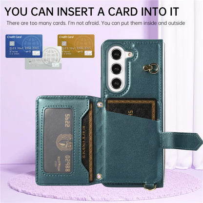 Crossbody Lanyard Leather Wallet Card Phone Case for Samsung Galaxy Z Fold 7 6 5 4 3 Fold6 Fold5 Fold4 Fold3 Wrist Rope Cover