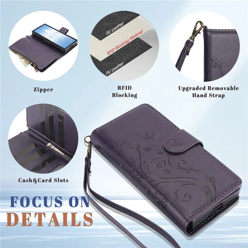 Lanyard Leather Zipper Wallet Multi Card Phone Case for Samsung Galaxy Z Fold 7 6 5 4 3 Fold6 Fold5 Fold4 Fold3 Flip Stand Cover
