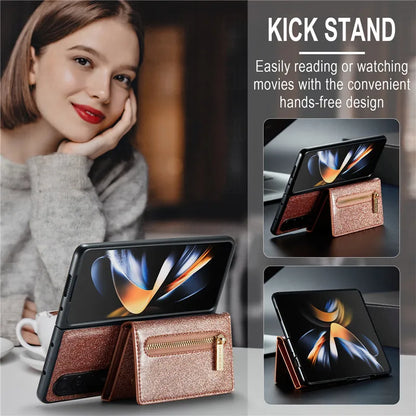 Glitter Magnetic Leather Zip Wallet Phone Case For Samsung Galaxy Z Fold 5 4 3