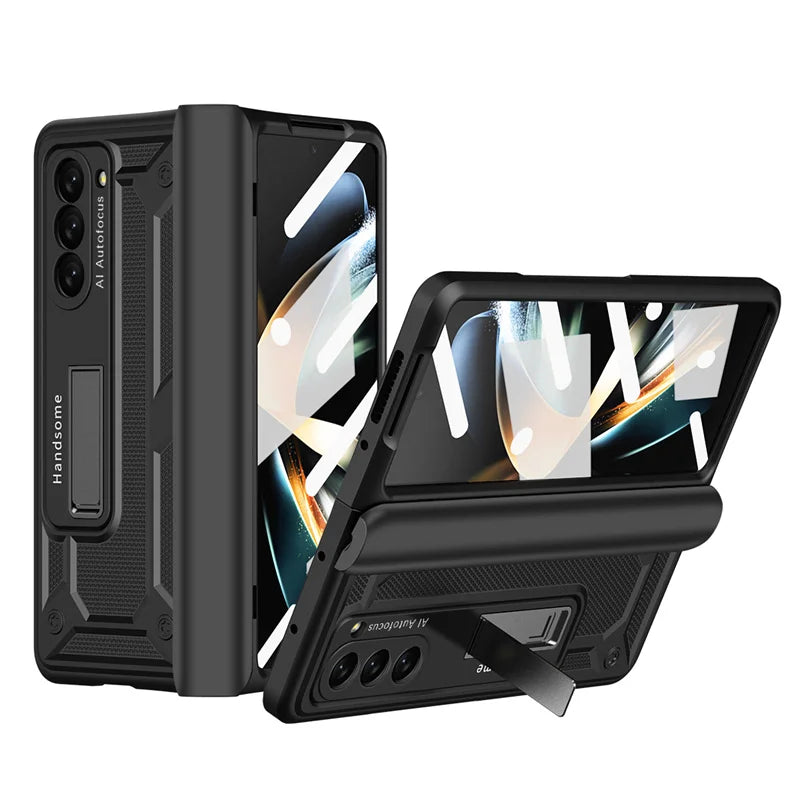 For Samsung Galaxy Z Fold 5 4 3 2 5G Armor Hinge Hidden Bracket PC Phone Case Screen Protector Film Shockproof Protector Case