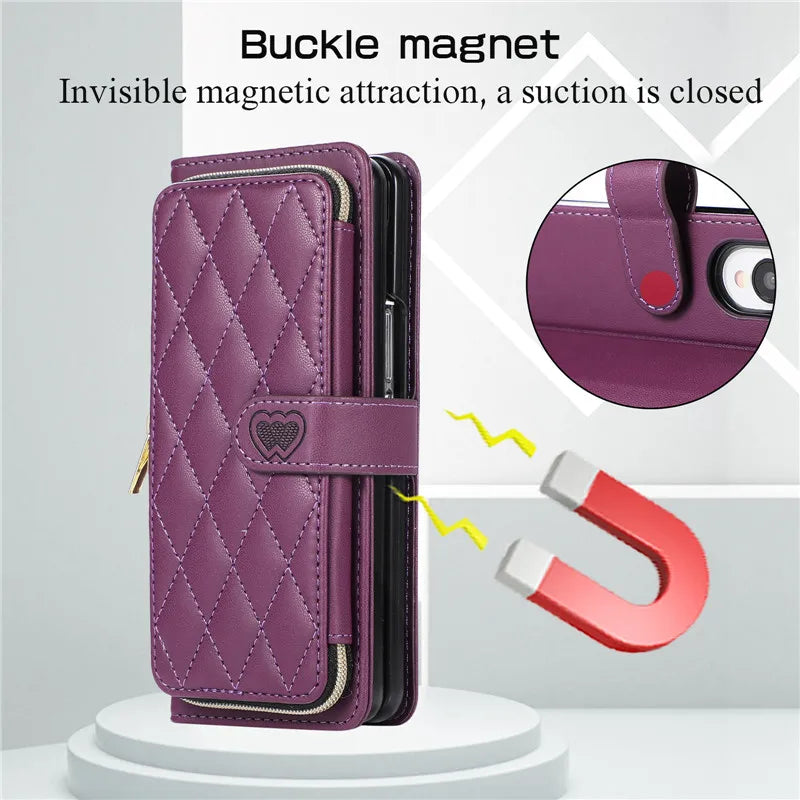 Crossbody Lanyard Zip Leather Wallet Card Phone Case for Samsung Galaxy Z Fold 7 6 5 4 3 Luxury Wrist Rope Flip Stand Cover Bag