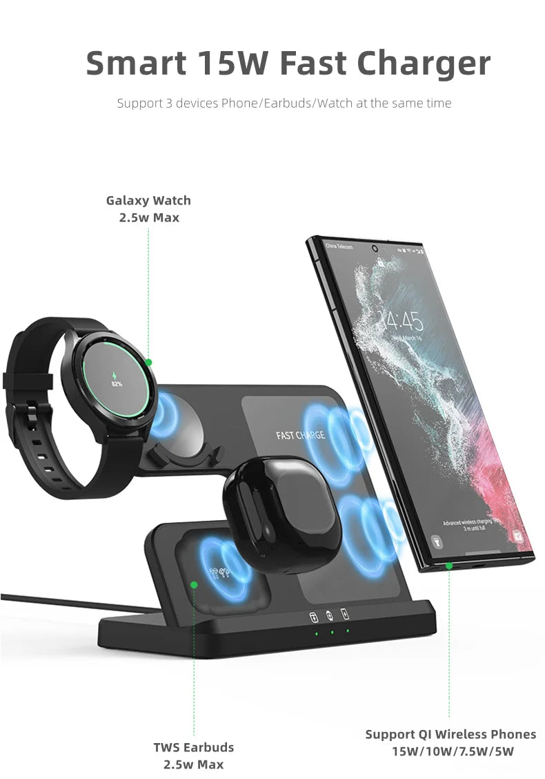 Galaxy Watch and Buds/Phones 3 in 1 Charger Wireless Charging Station for Samsung Watch 7 6 5 Pro/4 Active S25 Ultra S24 Flip 6