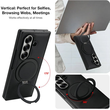 Rotating Bracket Pu Leather Phone Case for Samsung Galaxy Z Fold7 Z Fold 6 5 4 3 Magnetic Charging Camera Screen Protective Cover