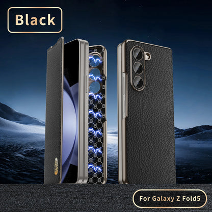 Genuine Cowhide Leather Phone Case for Samsung Galaxy Z Fold 7 Fold6 5 W24 W25 Fine Hole Lens Bumper Magnetic Suction Edge Cover