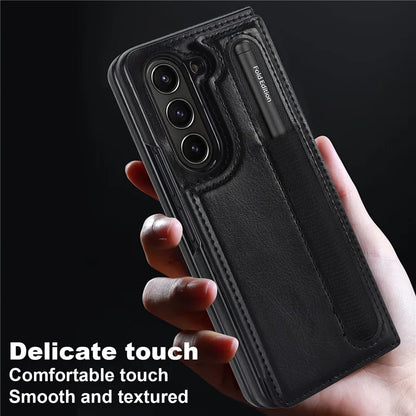 Pen Slot Leather Wallet Card Phone Case for Samsung Galaxy Z Fold 7 6 5 4 3 Fold6 Fold5 Fold4 Fold3 Retor Flip Stand Cover Etui