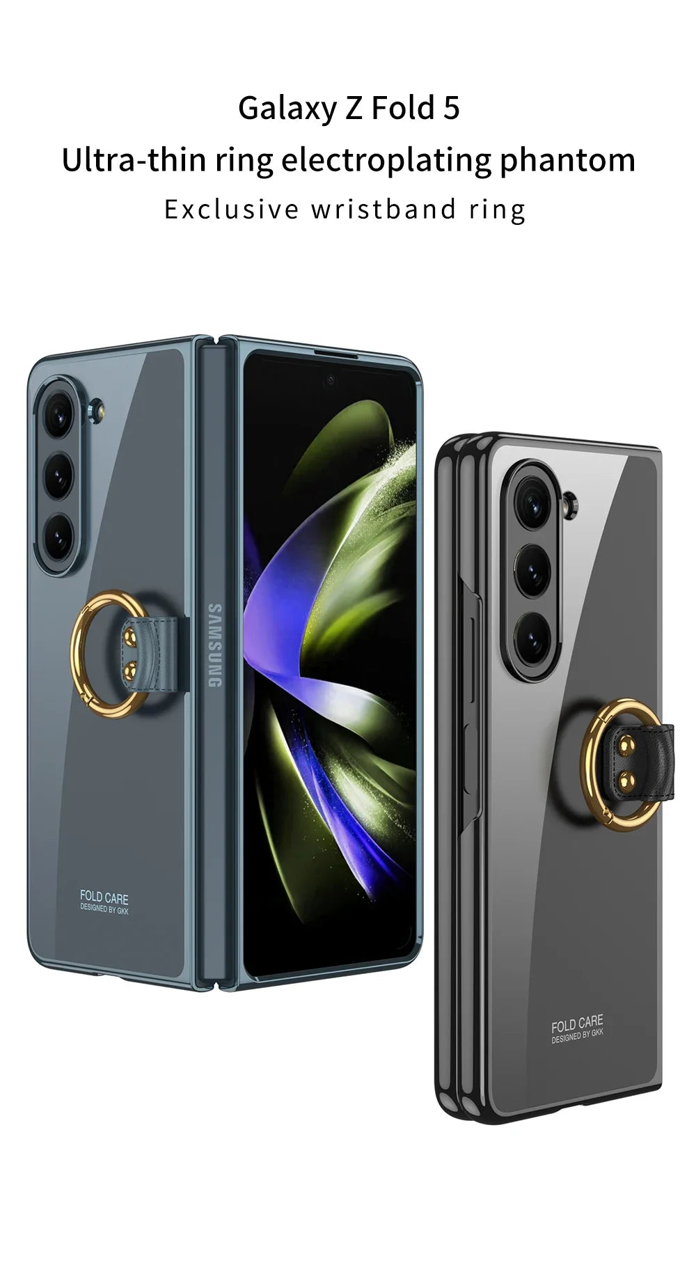 Luxury Plating HD Transparent Case for Samsung Galaxy Z Fold 6 5 5G Case with Ring Metal Ring Clear Shockproof Shell Case