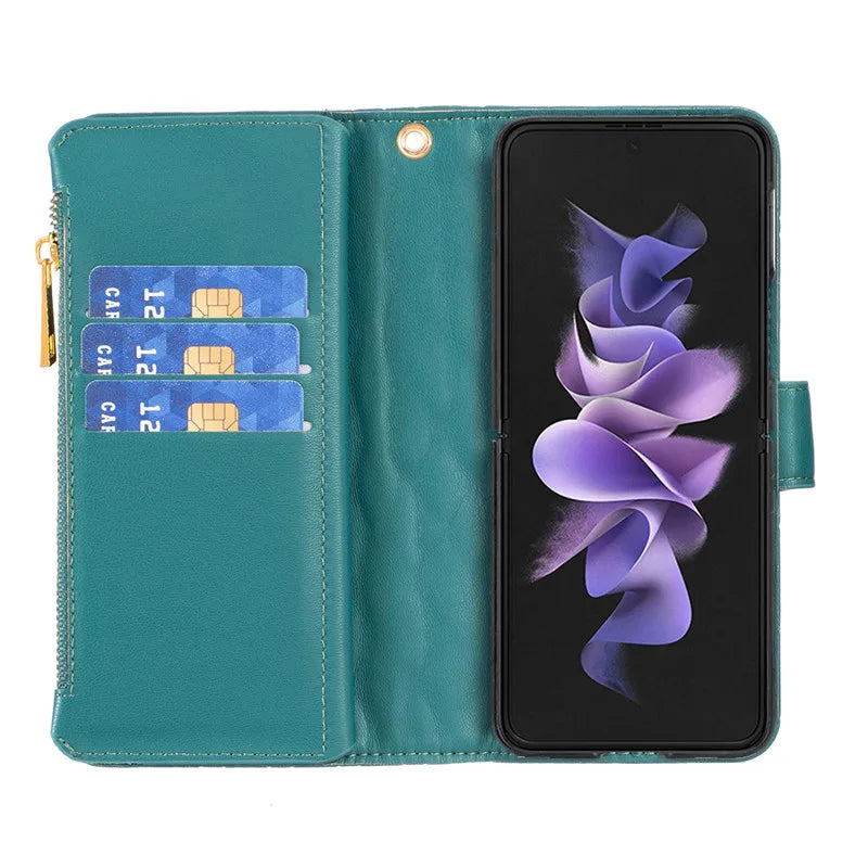 Luxury Lanyard Zipper Wallet Card Slot Phone Case For Samsung Galaxy Z Fold 7 6 5 4 3 Fold6 Fold5 Fold4 Leather Flip Stand Cover