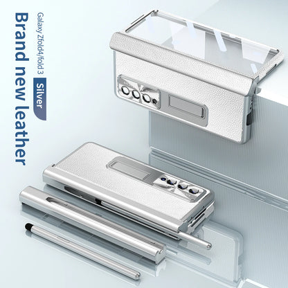 Coque With S Pen Plating Leather Case For Samsung Galaxy Z Fold 7 6 5 4 360 Full Protection Tempered Glass Kickstand Phone Cover