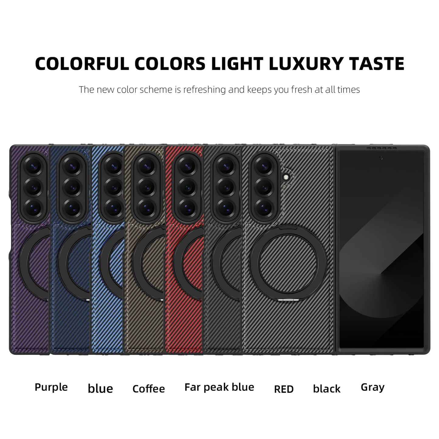 Auto Leather Phone Case for Samsung Galaxy Z Fold 7 Fold6 5 4 3 Magnetic Rotating Alloy Bracket Ring Carbon Fiber Pattern Cover