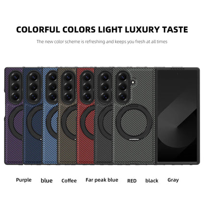 Auto Leather Phone Case for Samsung Galaxy Z Fold 7 Fold6 5 4 3 Magnetic Rotating Alloy Bracket Ring Carbon Fiber Pattern Cover
