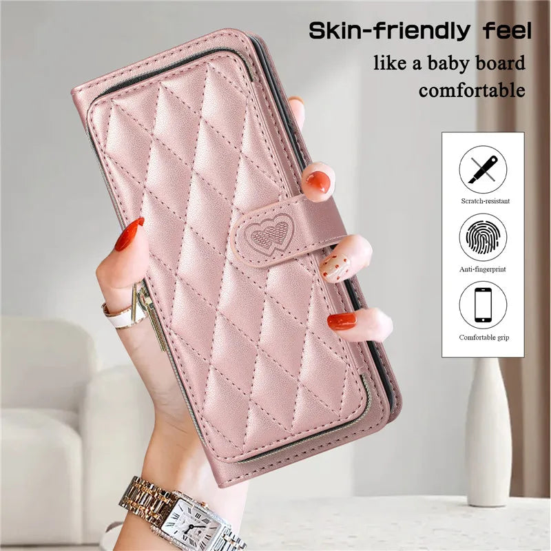 Crossbody Lanyard Zip Leather Wallet Card Phone Case for Samsung Galaxy Z Fold 7 6 5 4 3 Luxury Wrist Rope Flip Stand Cover Bag