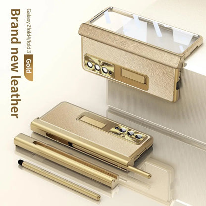 Coque With S Pen Plating Leather Case For Samsung Galaxy Z Fold 7 6 5 4 360 Full Protection Tempered Glass Kickstand Phone Cover