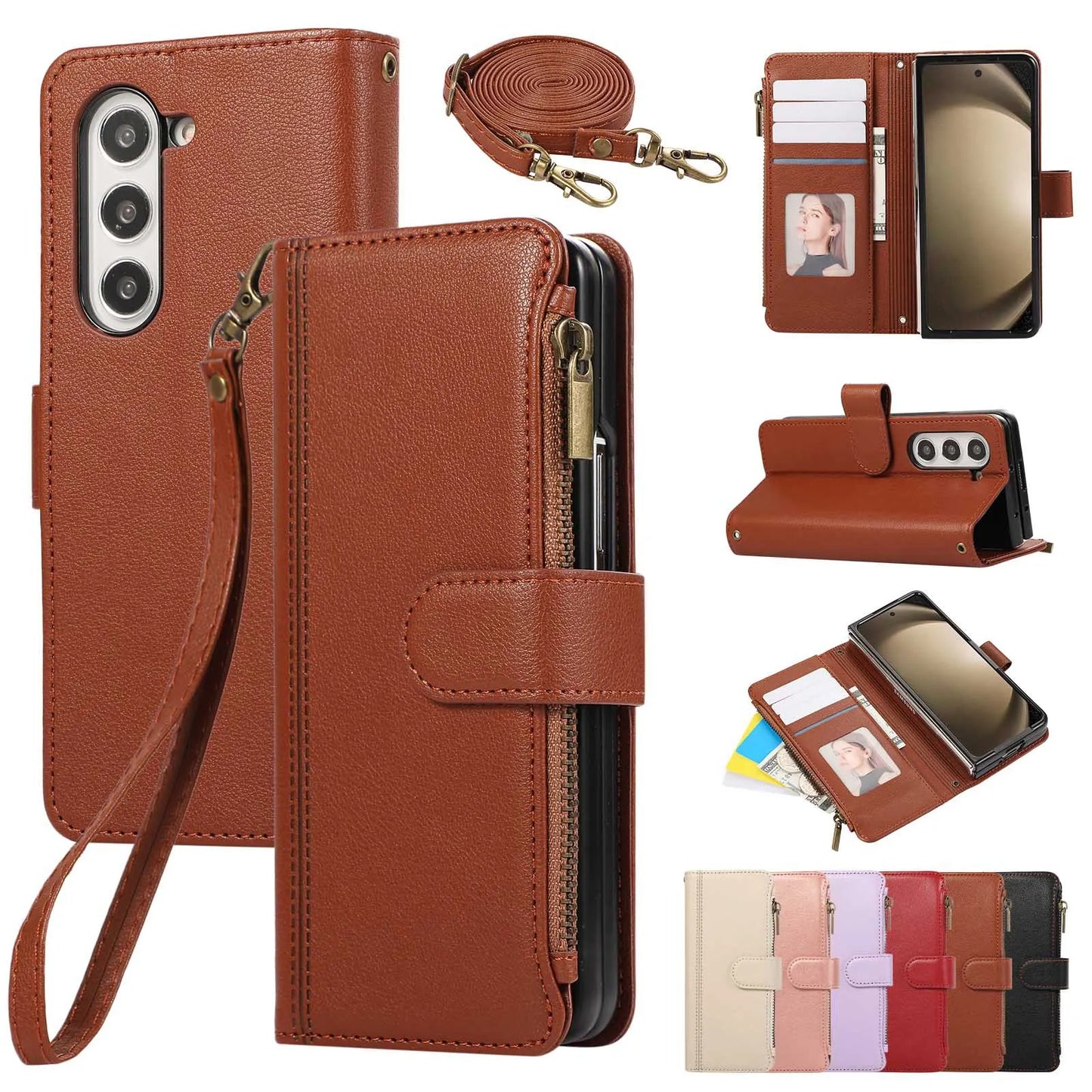 Lanyard+long Strap Crossbody Phone Case for Samsung Galaxy Z Fold 7 Fold6 5 4 3 Zipper&buckle Leather Card Holder Wallet Cover