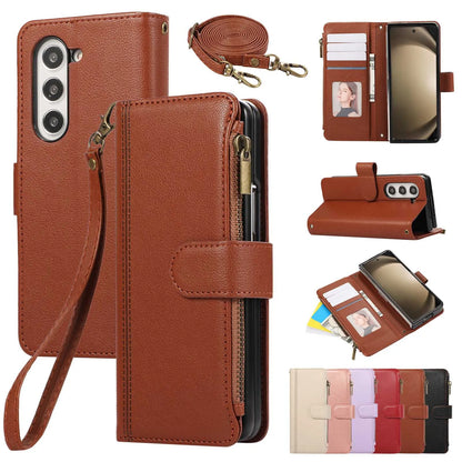 Lanyard+long Strap Crossbody Phone Case for Samsung Galaxy Z Fold 7 Fold6 5 4 3 Zipper&buckle Leather Card Holder Wallet Cover