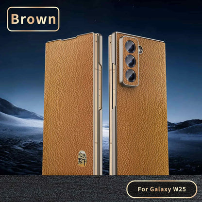 Genuine Cowhide Leather Phone Case for Samsung Galaxy Z Fold 7 Fold6 5 W24 W25 Fine Hole Lens Bumper Magnetic Suction Edge Cover