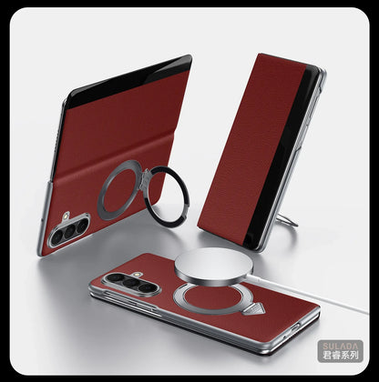 Genuine Cowhide Leather Phone Case for Samsung Galaxy Z Fold 7 Fold7 Wireless Charging Magnetic Attraction Bracket Flip Cover