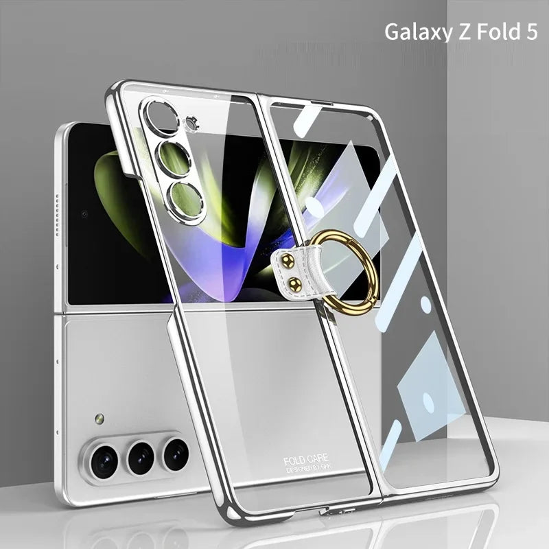 Luxury Plating HD Transparent Case for Samsung Galaxy Z Fold 6 5 5G Case with Ring Metal Ring Clear Shockproof Shell Case