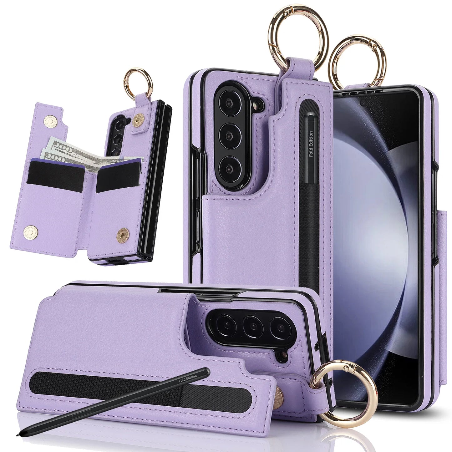 Fold7 Ring&Pen Slot Pu Leather Phone Case for Samsung Galaxy Z Fold 7 6 5 4 3 Metal Double Buckle Flip Card Holder Wallet Cover