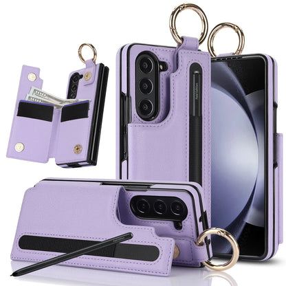 Fold7 Ring&Pen Slot Pu Leather Phone Case for Samsung Galaxy Z Fold 7 6 5 4 3 Metal Double Buckle Flip Card Holder Wallet Cover