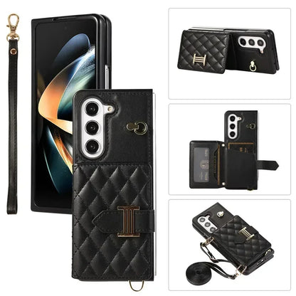 Crossbody Lanyard Leather Wallet Card Phone Case for Samsung Galaxy Z Fold 7 6 5 4 3 Fold6 Fold5 Fold4 Fold3 Wrist Rope Cover