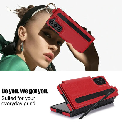 Fold7 Ring&Pen Slot Pu Leather Phone Case for Samsung Galaxy Z Fold 7 6 5 4 3 Metal Double Buckle Flip Card Holder Wallet Cover