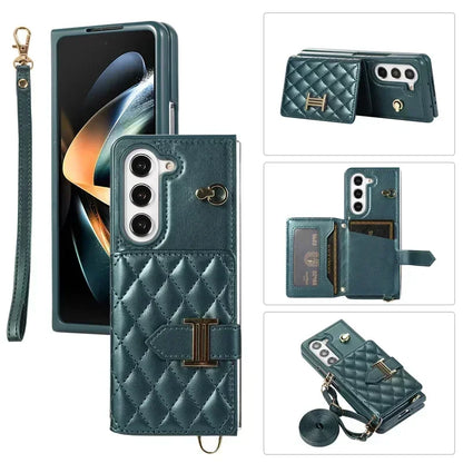 Crossbody Lanyard Leather Wallet Card Phone Case for Samsung Galaxy Z Fold 7 6 5 4 3 Fold6 Fold5 Fold4 Fold3 Wrist Rope Cover