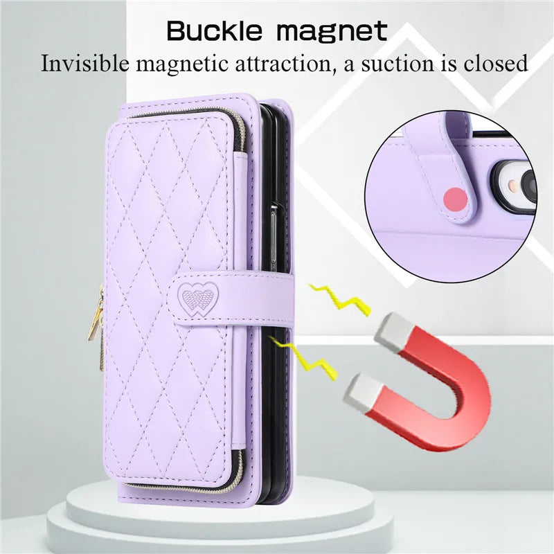 Crossbody Lanyard Zip Leather Wallet Card Phone Case for Samsung Galaxy Z Fold 7 6 5 4 3 Luxury Wrist Rope Flip Stand Cover Bag