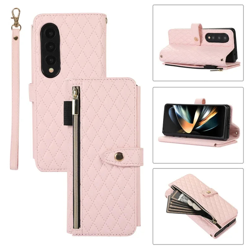 Luxury Lanyard Leather Flip Stand Phone Case for Samsung Galaxy Z Fold 7 6 5 4 3 Fold6 Fold5 Fold3 Fold4 Zip Wallet Card Cover