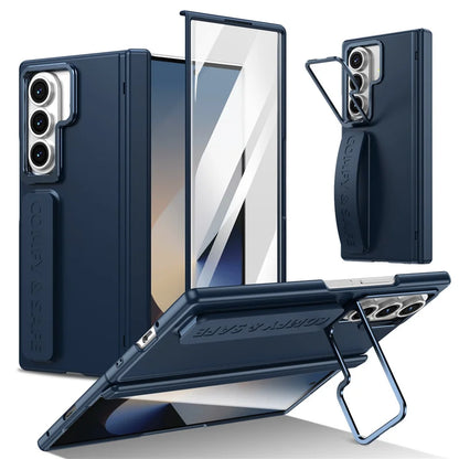 For Samsung Galaxy Z Fold 7 6 5 4 3 Wristband Magnetic Hinge Phone Case 360 Full Protection Screen Flass Alloy Lens Holder Cover