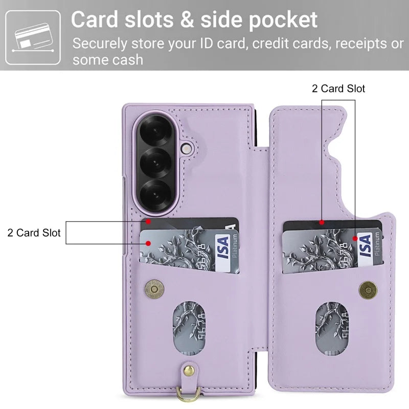 Long Lanyard Leather Wallet Card Slot Phone Case for Samsung Galaxy Z Fold 7 6 5 4 Wrist Strap Flip Purse Holder Cover Back Bag