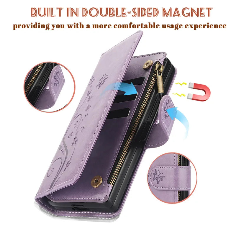 Lanyard Leather Zipper Wallet Multi Card Phone Case for Samsung Galaxy Z Fold 7 6 5 4 3 Fold6 Fold5 Fold4 Fold3 Flip Stand Cover