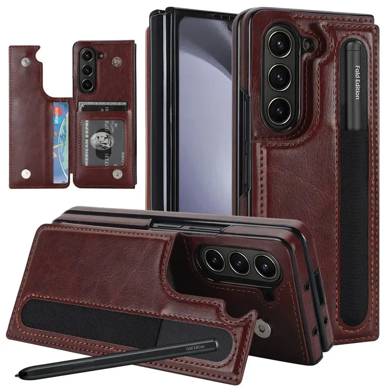 Pen Slot Leather Wallet Card Phone Case for Samsung Galaxy Z Fold 7 6 5 4 3 Fold6 Fold5 Fold4 Fold3 Retor Flip Stand Cover Etui