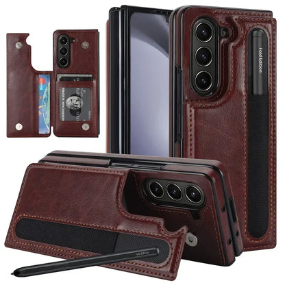 Pen Slot Leather Wallet Card Phone Case for Samsung Galaxy Z Fold 7 6 5 4 3 Fold6 Fold5 Fold4 Fold3 Retor Flip Stand Cover Etui