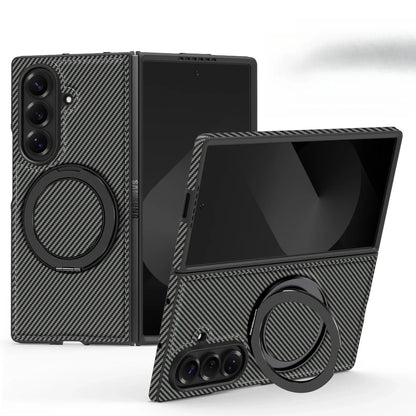 Auto Leather Phone Case for Samsung Galaxy Z Fold 7 Fold6 5 4 3 Magnetic Rotating Alloy Bracket Ring Carbon Fiber Pattern Cover