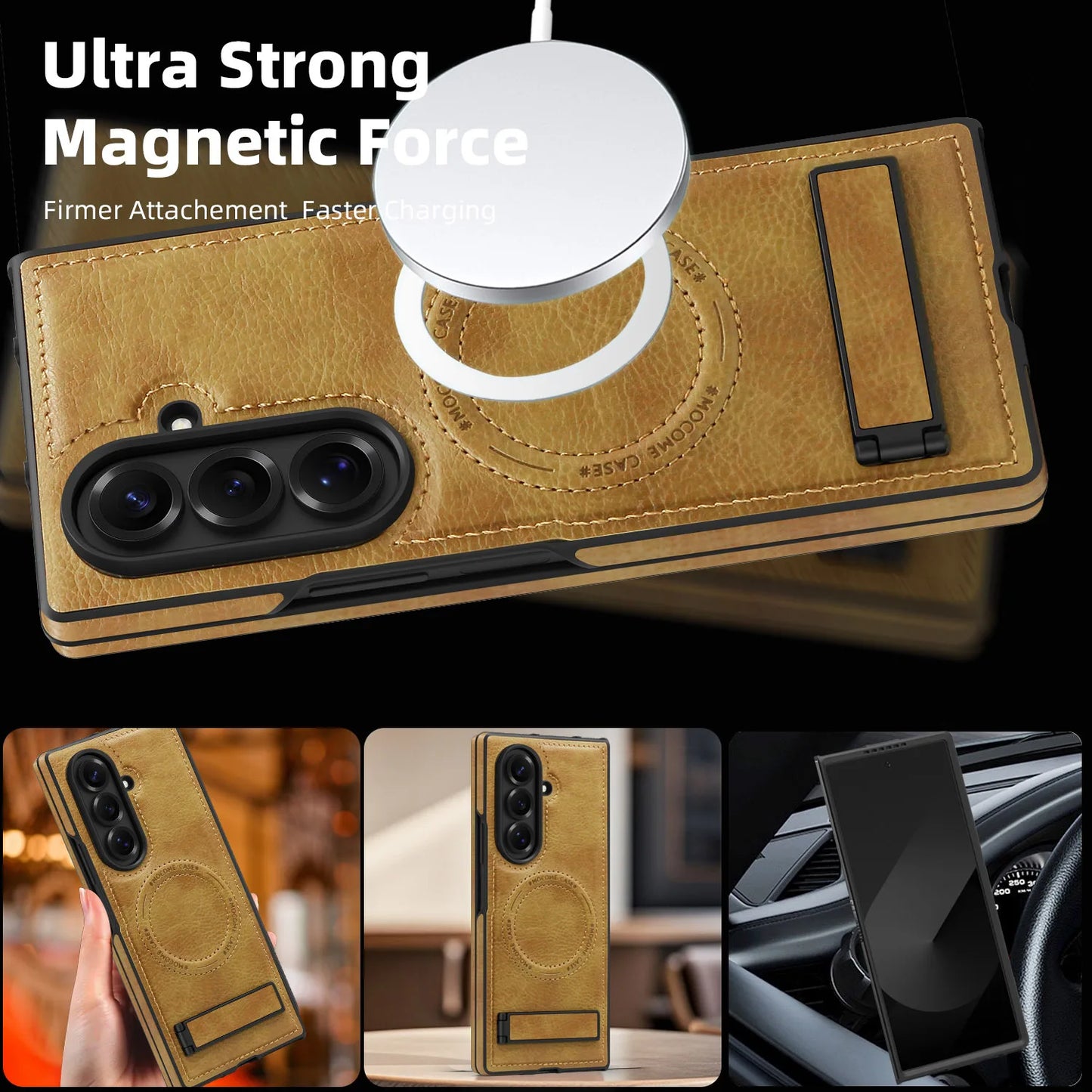 Magnetic Charging Phone Case for Samsung Galaxy Z Fold 7 Fold6 5 4 3 Invisible Bracket Anti Drop Auto Leather Protective Cover