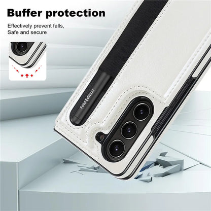 Pen Slot Leather Wallet Card Phone Case for Samsung Galaxy Z Fold 7 6 5 4 3 Fold6 Fold5 Fold4 Fold3 Retor Flip Stand Cover Etui