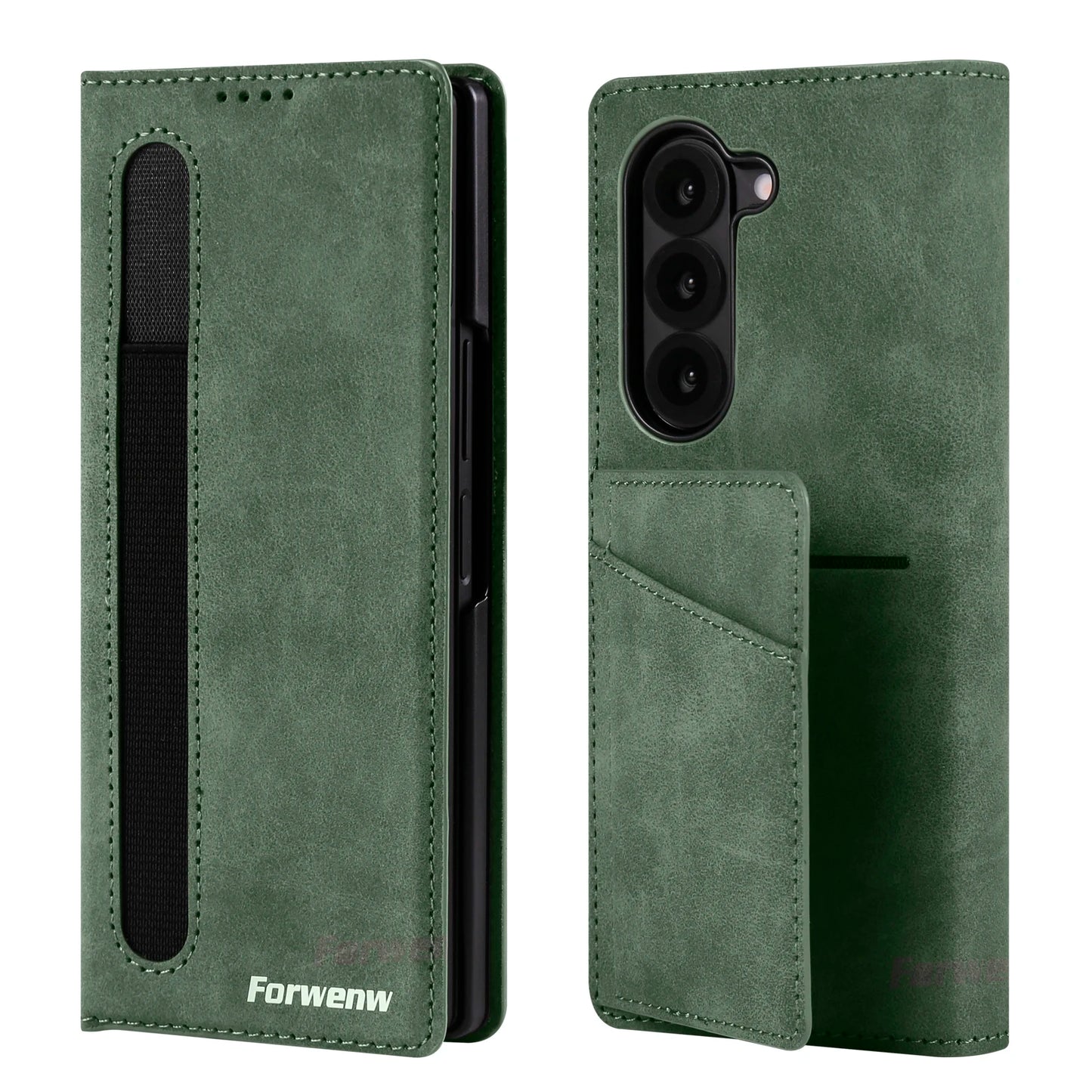 Forwenw Luxury Card Bag Holder Leather Case for Galaxy Z Fold 7 Fold 6 Fold 5 Fold 4 Fold 3 Pen Slot Holder Folding Cover Funda