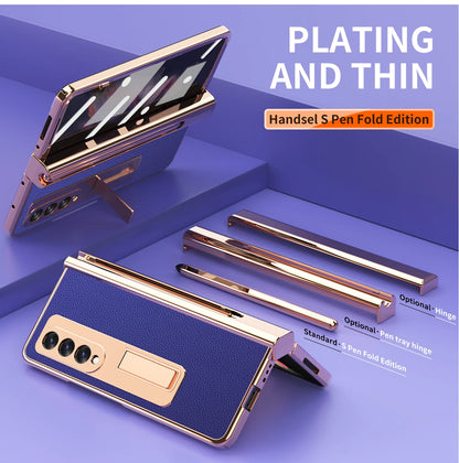 Coque With S Pen Plating Leather Case For Samsung Galaxy Z Fold 7 6 5 4 360 Full Protection Tempered Glass Kickstand Phone Cover